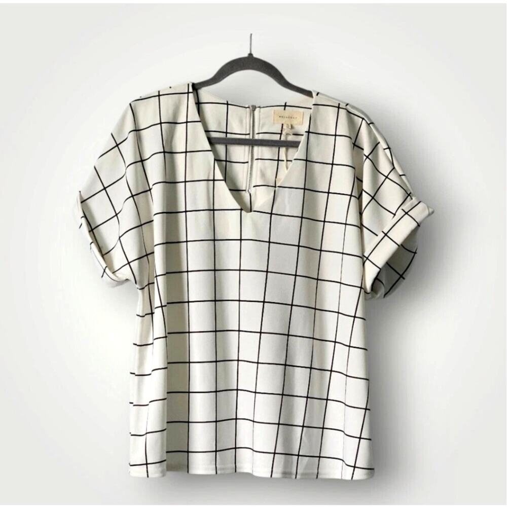 🌻Melloday 3X Plus Sz Women's Windowpane V-Neck Cuffed Sleeve Blouse White Black